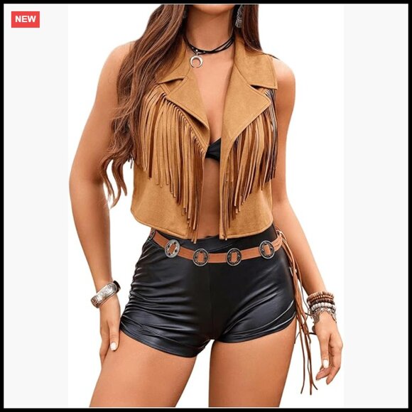 Tassel Vest Fringe Sleeveless Crop Boho Western Open Front Vest